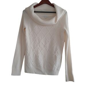 New York & Company Cowl Neck Sweater Women Med. Ivory Diamond Pattern Rhinestone
